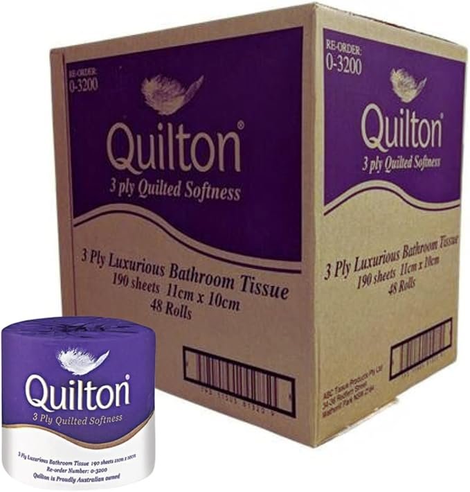 616EMLBPP6L._AC_SX679_ (1) Quilton 3 Ply Luxurious Bathroom Tissue - 190 Sheets Per Roll 11cmx10cm - Individually Wrapped - Pack of 48 Rolls - Image 1